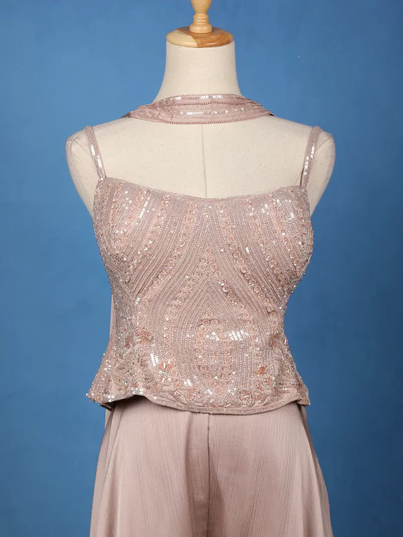 Blush Pink Sequins Embroidered Crepe Palazzo Suit 2