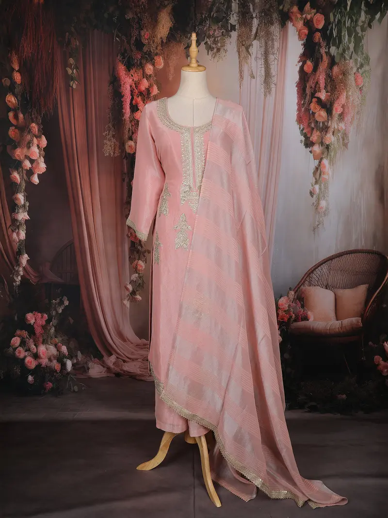 Blush Pink Zari Embroidered Design Tissue Silk Palazzo Suit With Dupatta 1