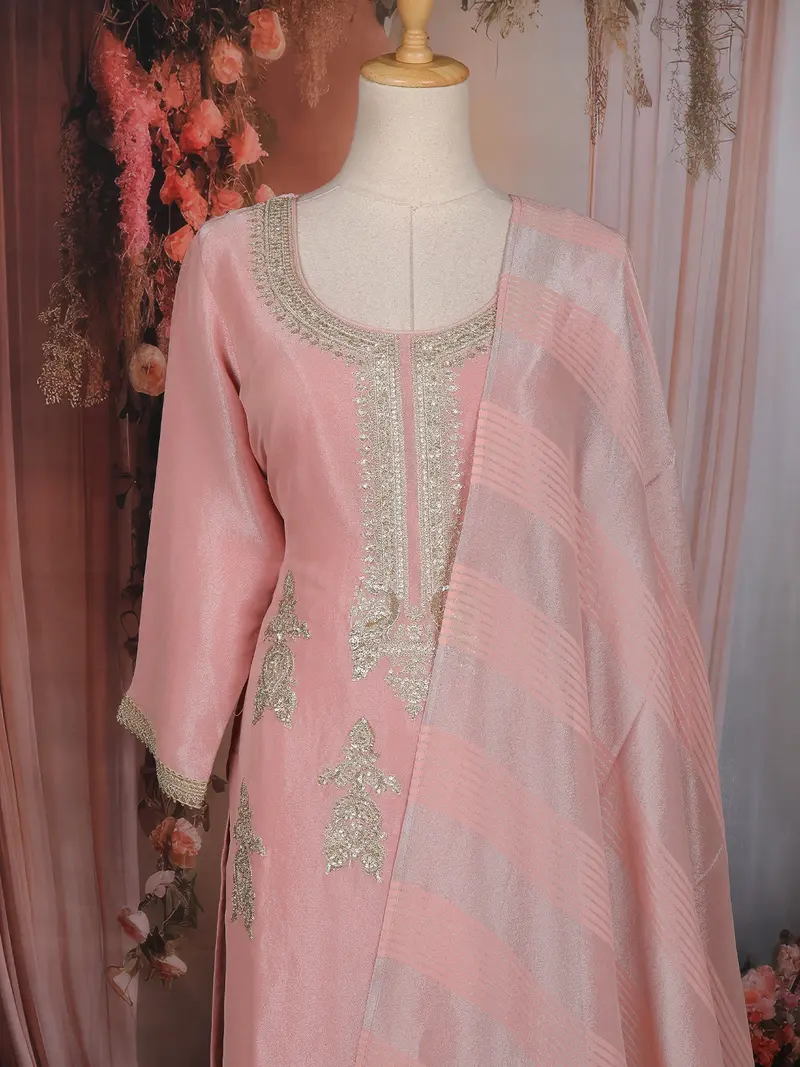 Blush Pink Zari Embroidered Design Tissue Silk Palazzo Suit With Dupatta 2