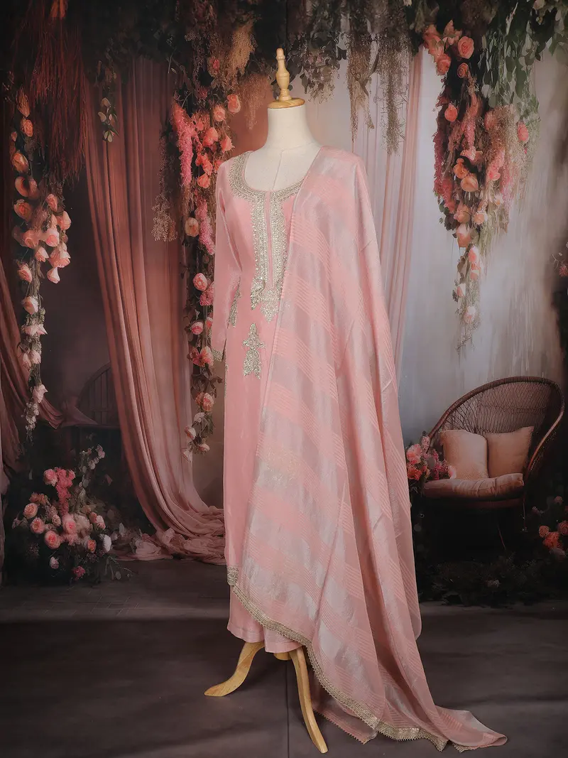 Blush Pink Zari Embroidered Design Tissue Silk Palazzo Suit With Dupatta 3