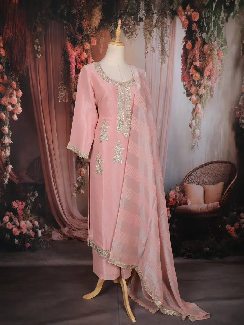 Blush Pink Zari Embroidered Design Tissue Silk Palazzo Suit With Dupatta 4