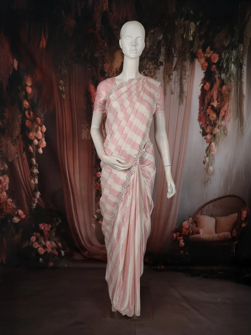 Blush Rose Pink And Ivory White Striped And Mirror Embellised Design Satin Saree With Scalloped Border 1
