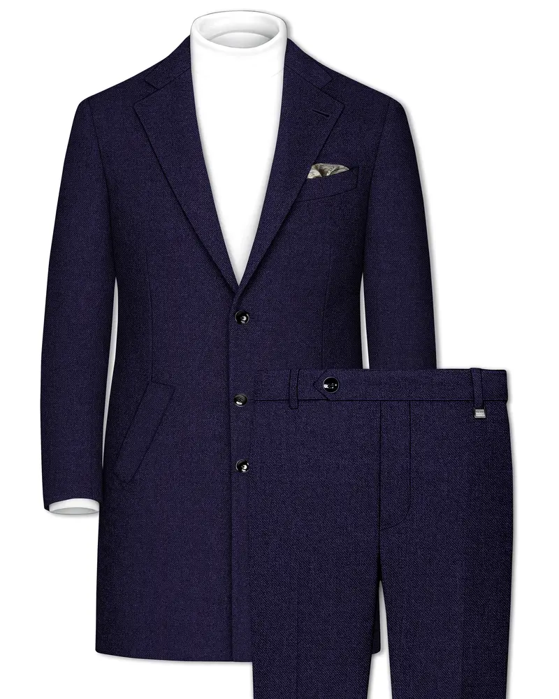 Bluvoro-Mirage Blue Textured Tweed Single Breasted Overcoat With Pant 1