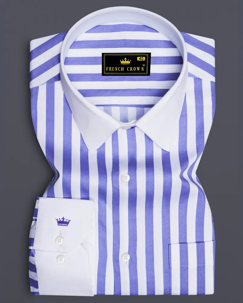 Bluvoro-Scampi Blue And Bright White Awning Striped Super Soft Premium Cotton Dress White Cuff Collar Shirt 1