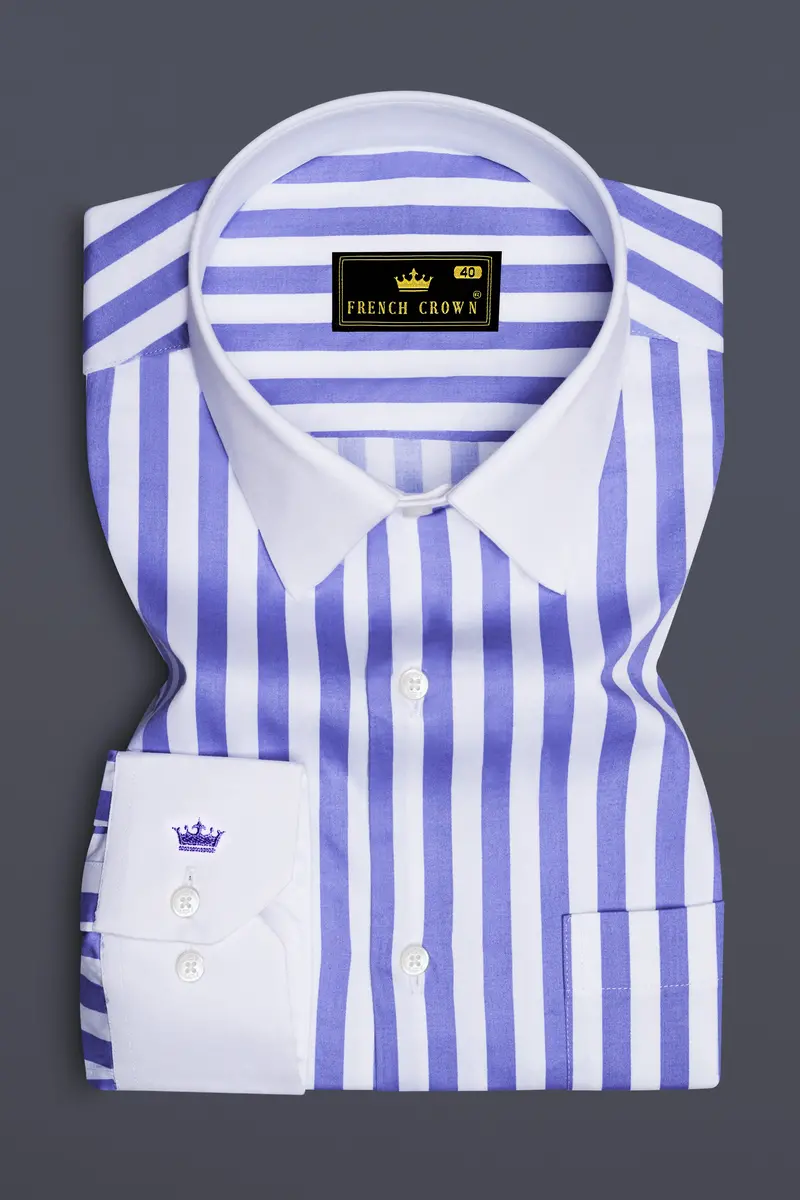 Bluvoro-Scampi Blue And Bright White Awning Striped Super Soft Premium Cotton Dress White Cuff Collar Shirt 2