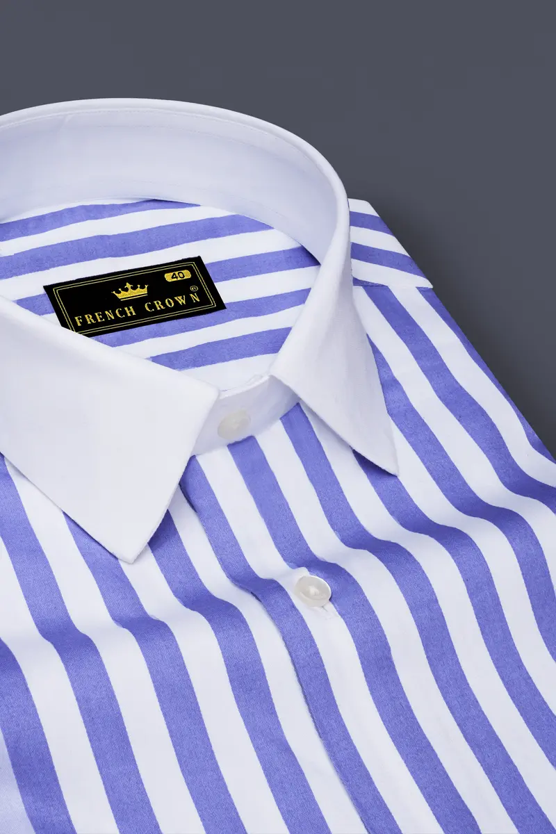 Bluvoro-Scampi Blue And Bright White Awning Striped Super Soft Premium Cotton Dress White Cuff Collar Shirt 4