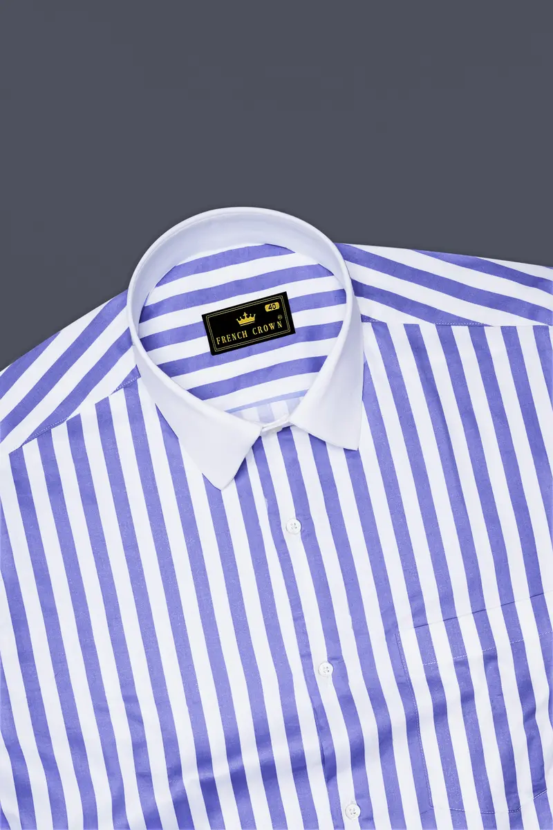 Bluvoro-Scampi Blue And Bright White Awning Striped Super Soft Premium Cotton Dress White Cuff Collar Shirt 5