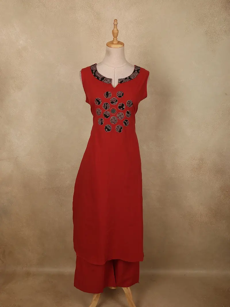 Bold Crimson Red Solid Design Cotton Palazzo Suit 1