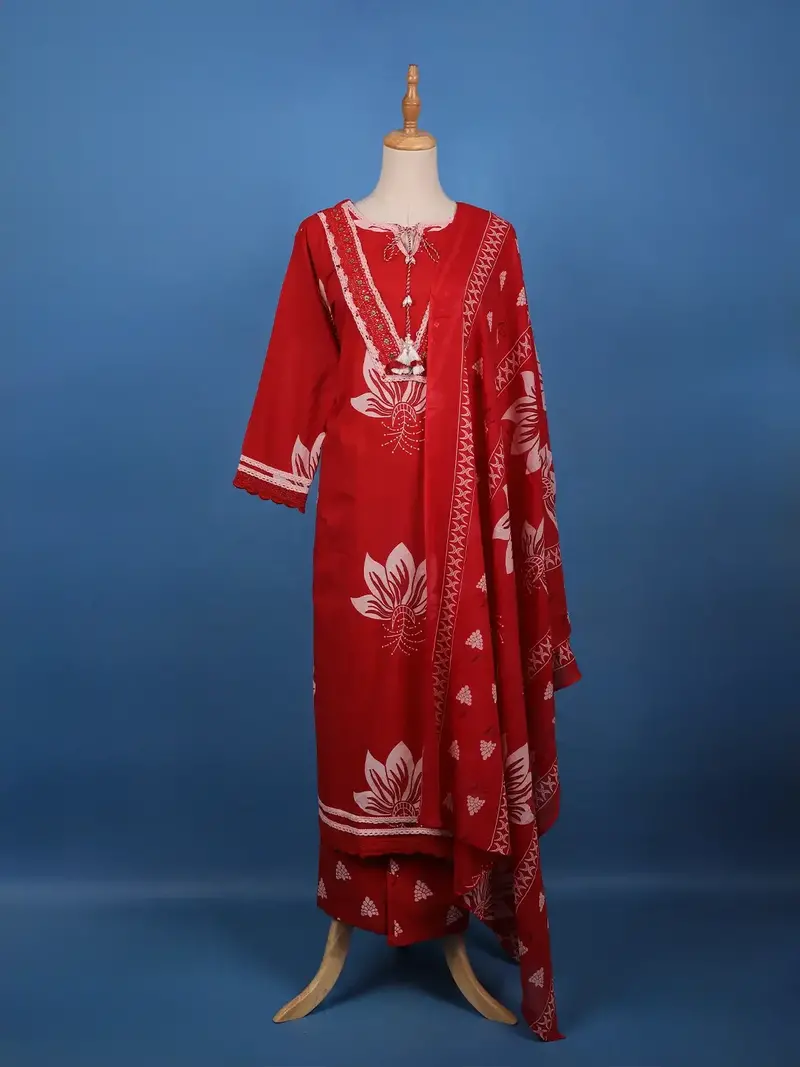 Bold Red Floral Printed Cotton Salwar Suit Set 1