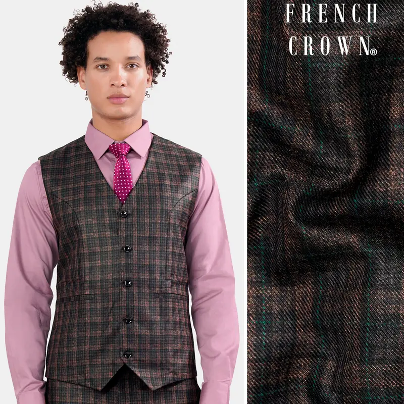 Bole Brown With Ebony Clay Black Plaid Wool Rich Waistcoat 1
