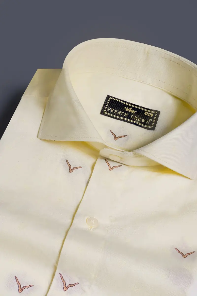 Bone Beige Birds Printed Jacquard Textured Premium Giza Cotton Shirt 1
