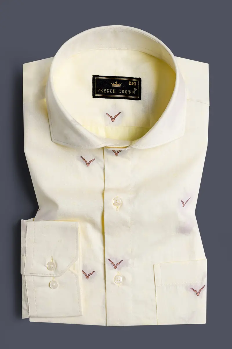 Bone Beige Birds Printed Jacquard Textured Premium Giza Cotton Shirt 3