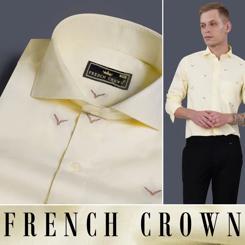 Bone Beige Birds Printed Jacquard Textured Premium Giza Cotton Shirt 4