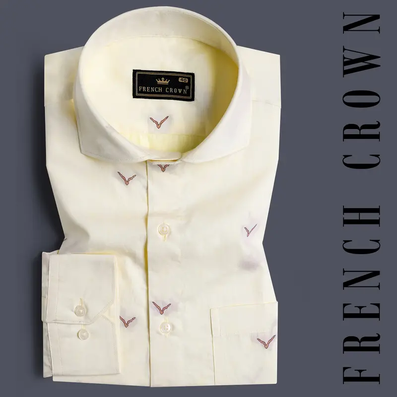 Bone Beige Birds Printed Jacquard Textured Premium Giza Cotton Shirt 7