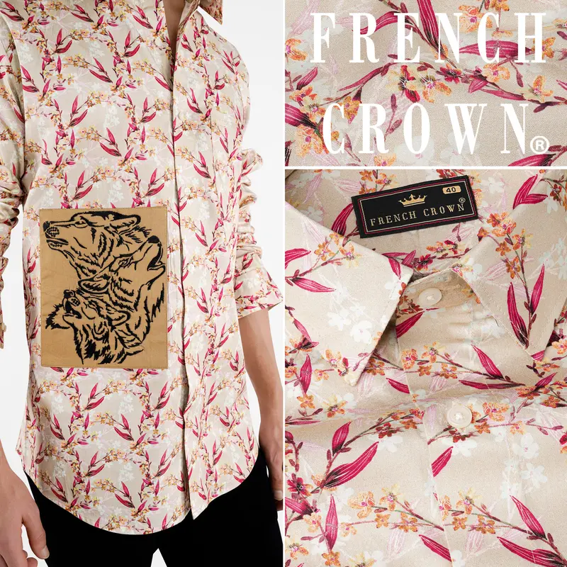 Bone Beige Leaves Printed With Dogs Patch Work Super Soft Premium Cotton Designer Shirt 1