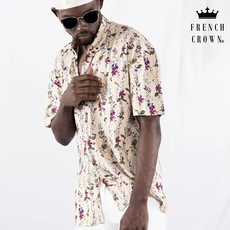 Bone Beige Multicolour Ditsy Printed Lightweight Premium Cotton Oversized Shirt 1