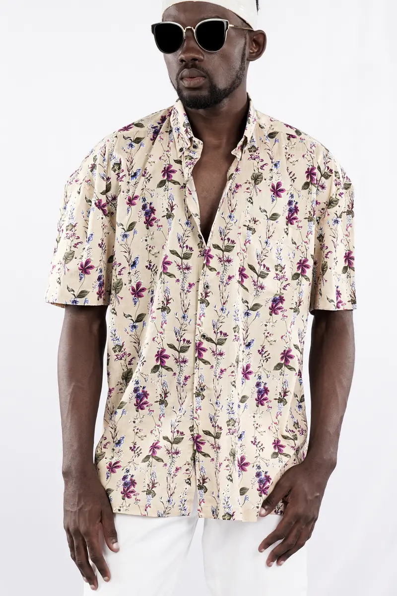 Bone Beige Multicolour Ditsy Printed Lightweight Premium Cotton Oversized Shirt 2