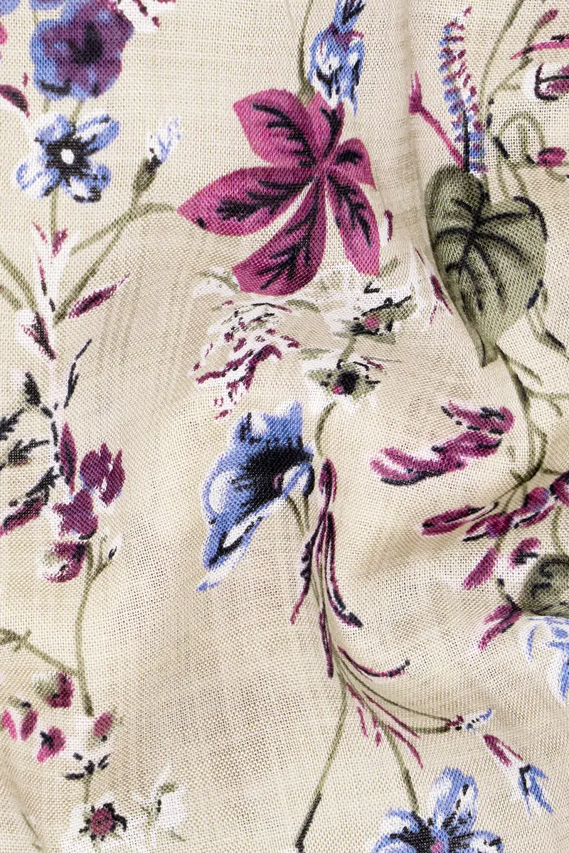 Bone Beige Multicolour Ditsy Printed Lightweight Premium Cotton Oversized Shirt 3