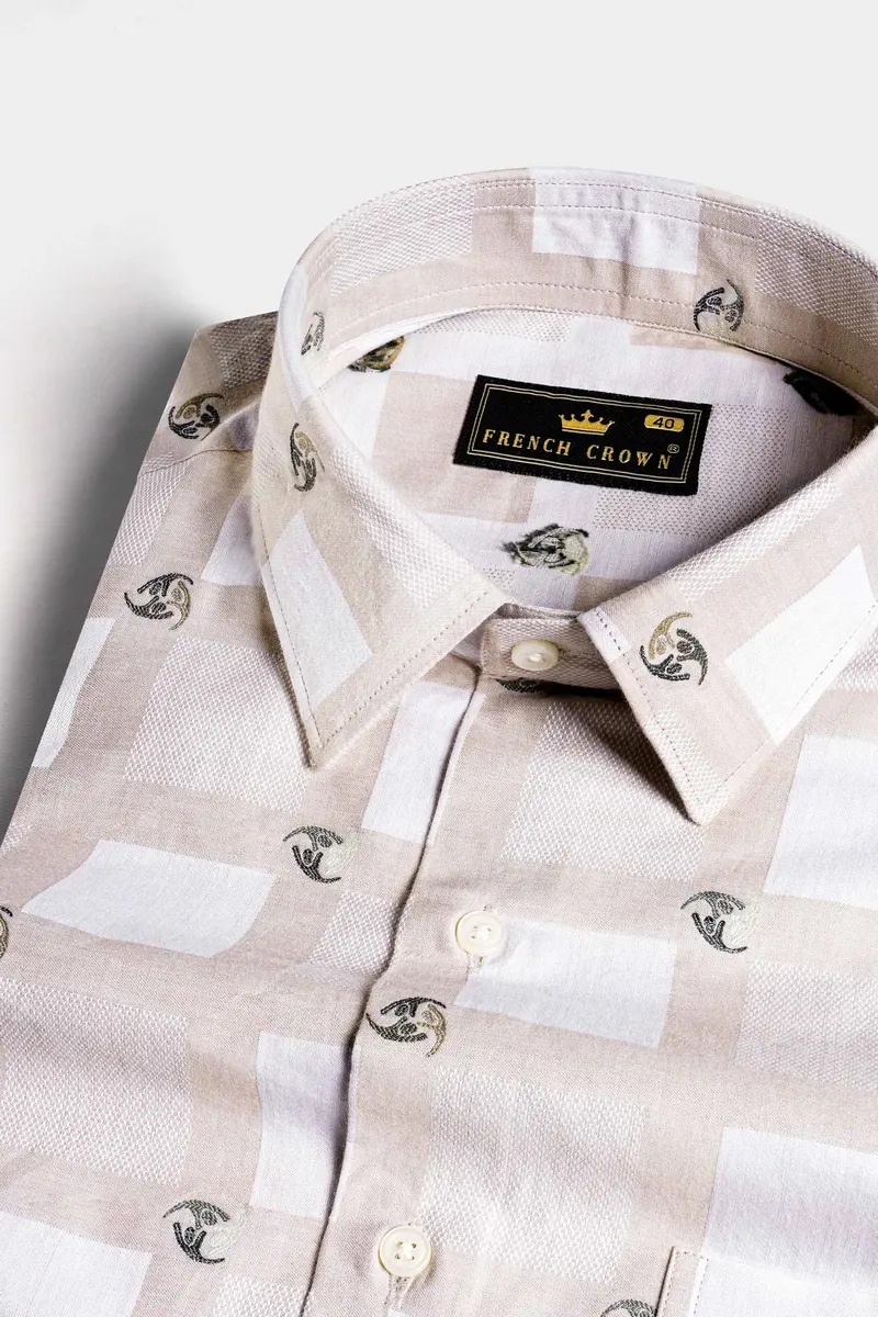 Bone Brown With White Box Jacquard Textured Premium Giza Cotton Shirt 1