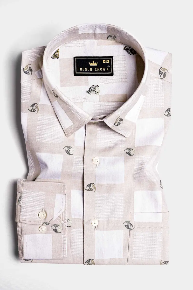 Bone Brown With White Box Jacquard Textured Premium Giza Cotton Shirt 3