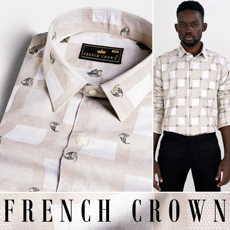 Bone Brown With White Box Jacquard Textured Premium Giza Cotton Shirt 4