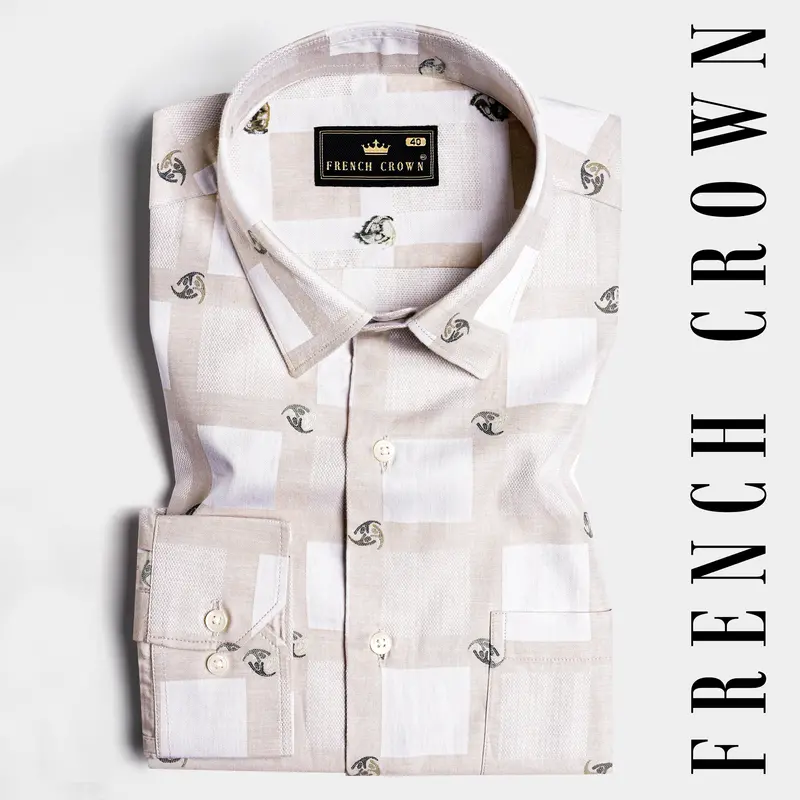 Bone Brown With White Box Jacquard Textured Premium Giza Cotton Shirt 6