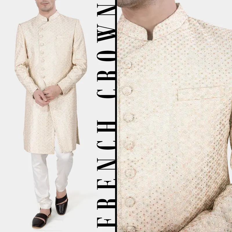 Bone Cream Embroidered With Sequins Work Sherwani With Kurta And Pajama Set 1