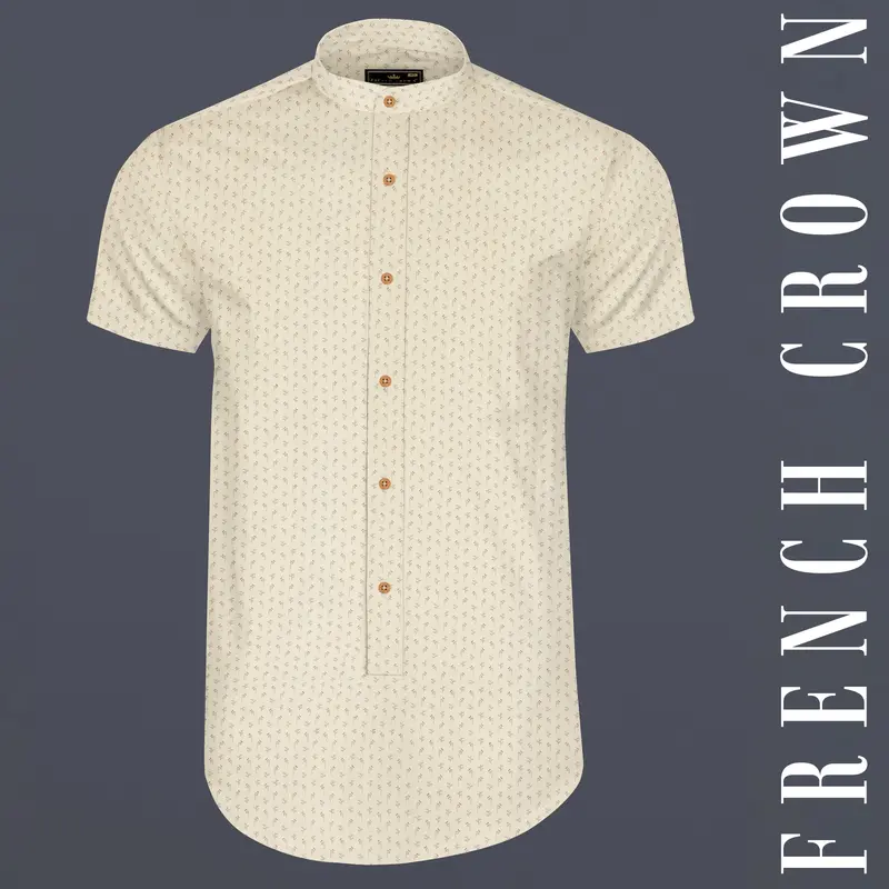 Bone Cream Mini Leaves Printed Giza Cotton Designer Shirt 1