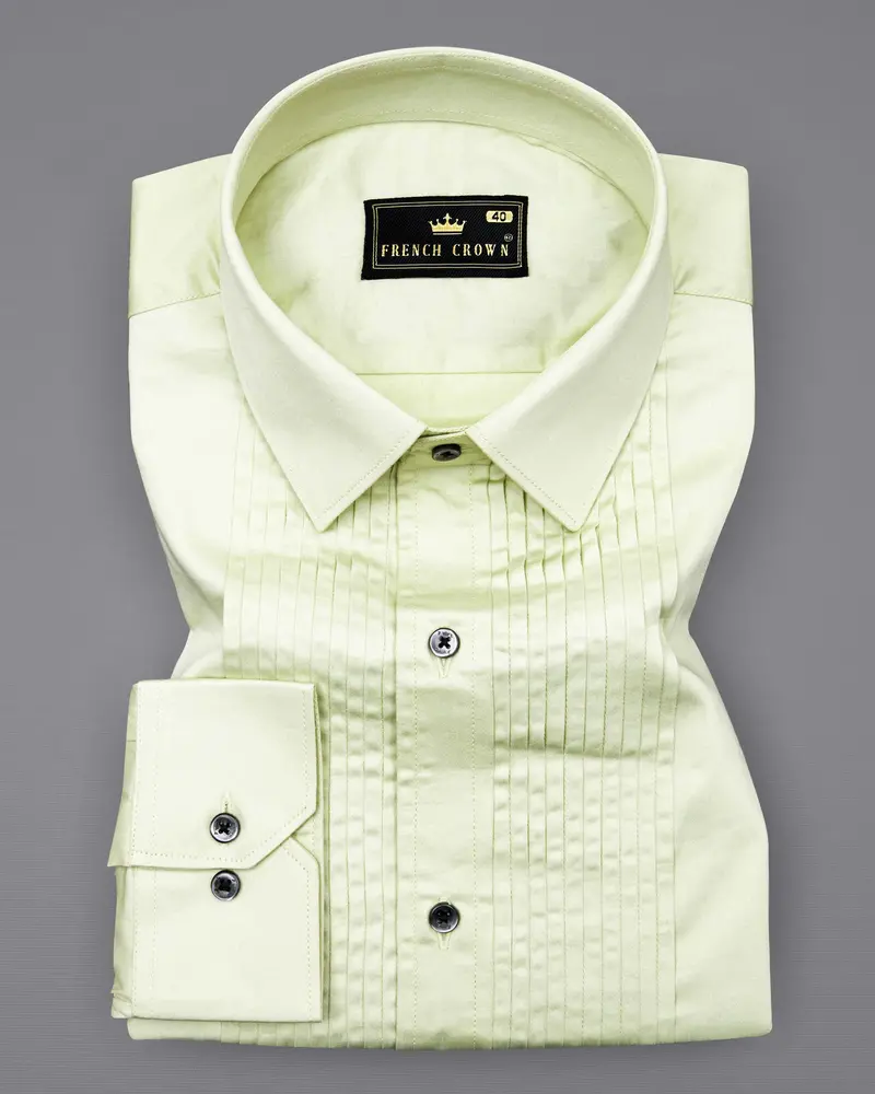 Bone Green Subtle Sheen Snake Pleated Super Soft Premium Cotton Tuxedo Shirt 1