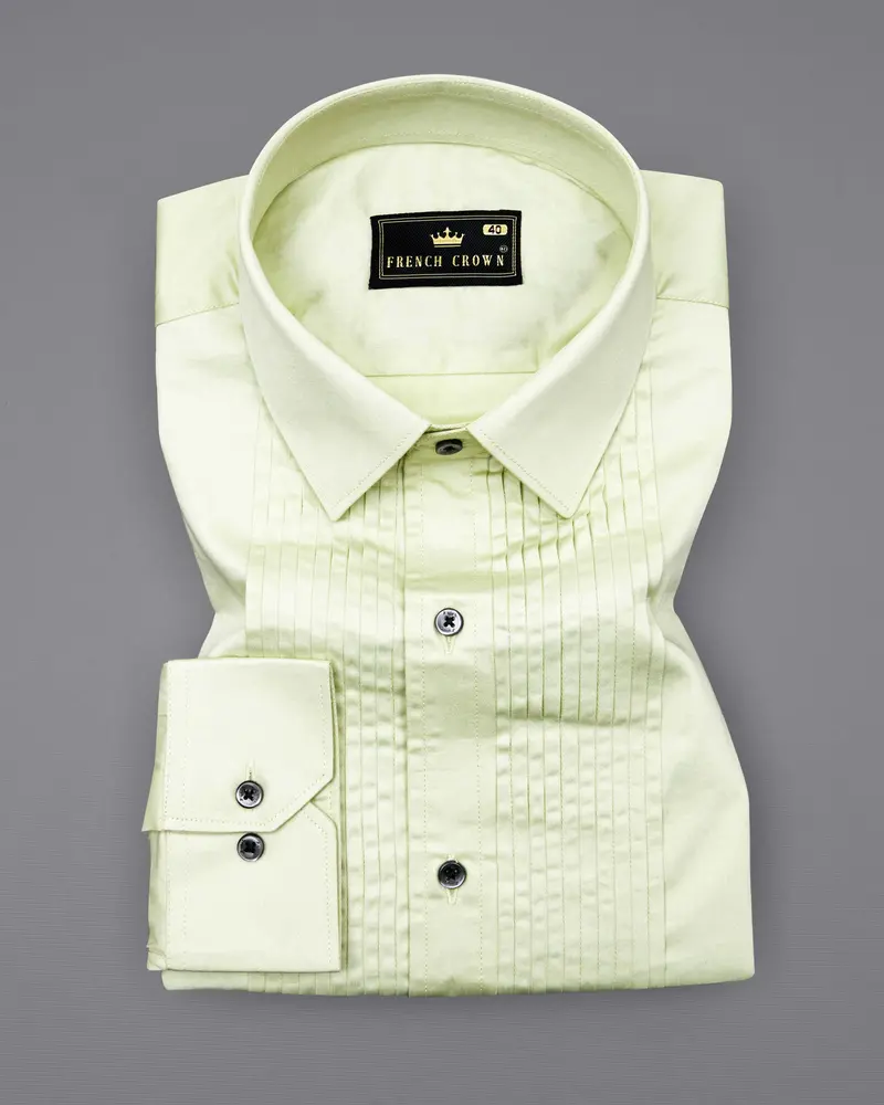 Bone Green Subtle Sheen Snake Pleated Super Soft Premium Cotton Tuxedo Shirt 2