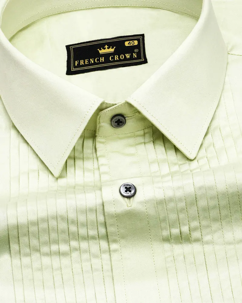Bone Green Subtle Sheen Snake Pleated Super Soft Premium Cotton Tuxedo Shirt 4