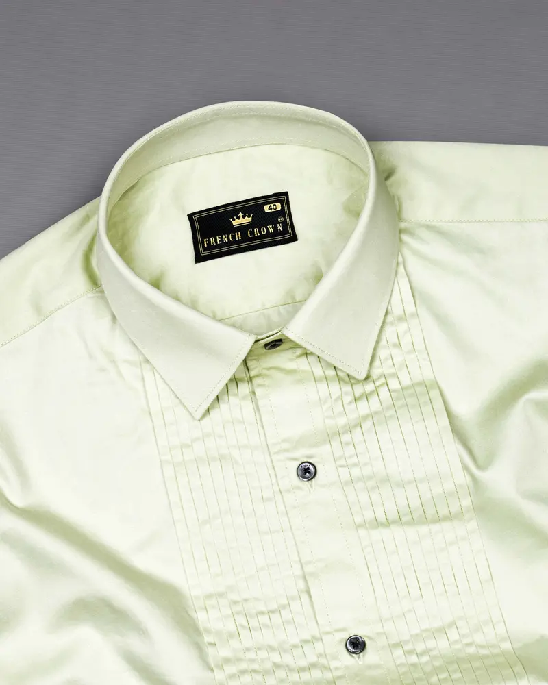 Bone Green Subtle Sheen Snake Pleated Super Soft Premium Cotton Tuxedo Shirt 5