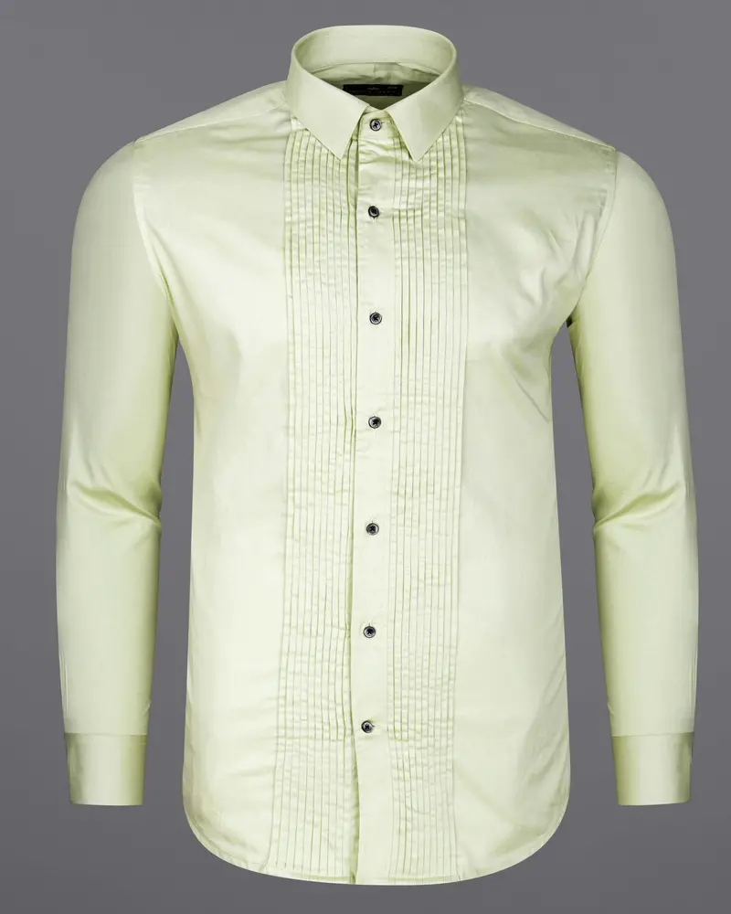 Bone Green Subtle Sheen Snake Pleated Super Soft Premium Cotton Tuxedo Shirt 6
