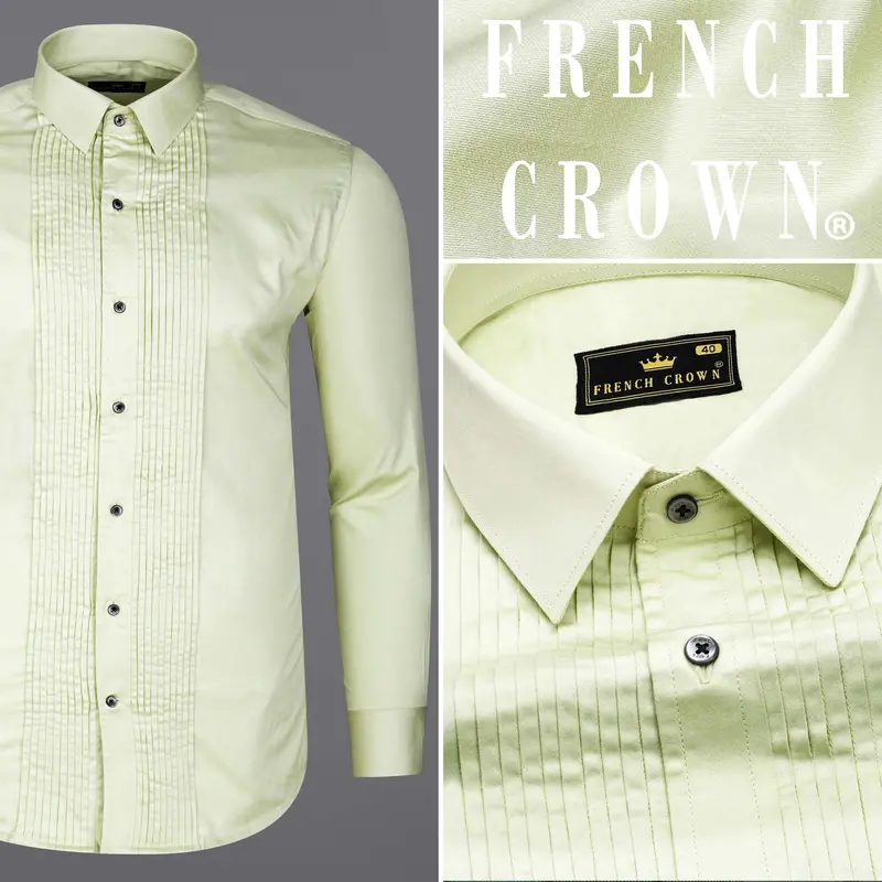 Bone Green Subtle Sheen Snake Pleated Super Soft Premium Cotton Tuxedo Shirt 9