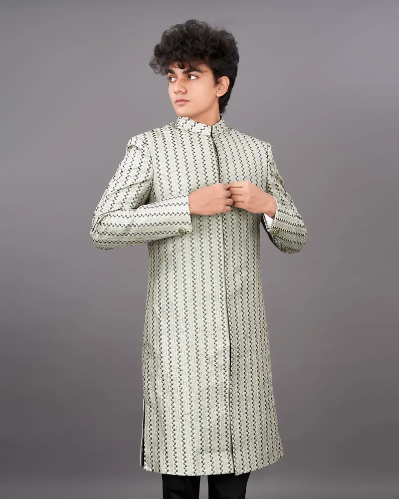 Bone Green With Embroidered Sherwani With Black Kurta And Pants Set 1