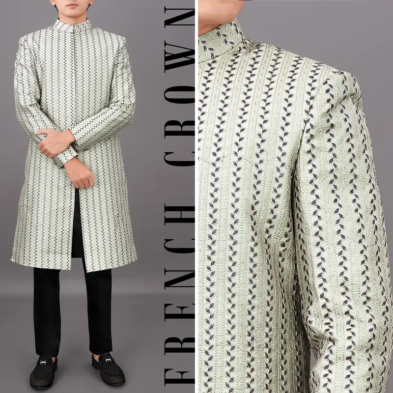 Bone Green With Embroidered Sherwani With Black Kurta And Pants Set 1