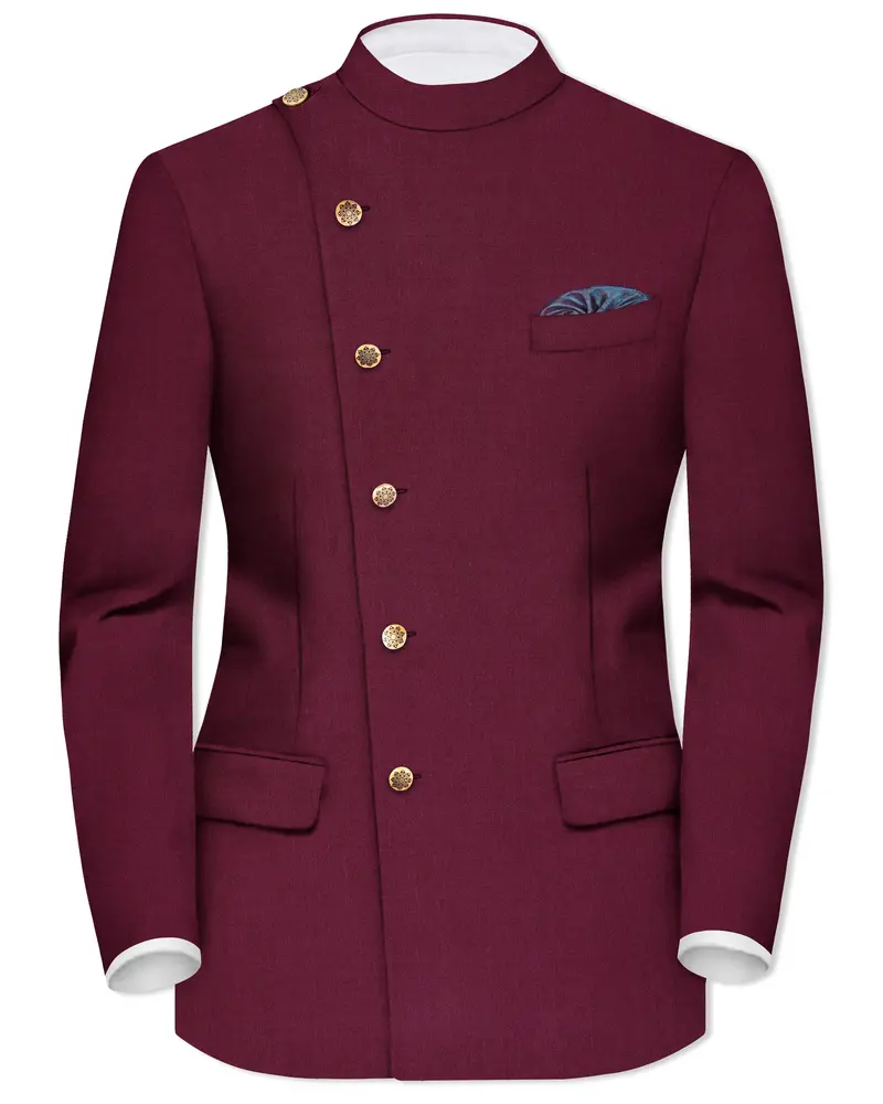 Bordeaux Maroon Cross Placket Wool Rich Bandhgala Blazer 1