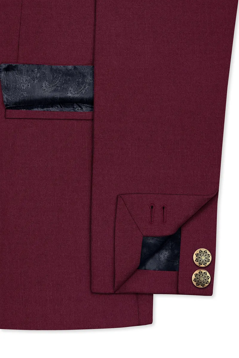 Bordeaux Maroon Cross Placket Wool Rich Bandhgala Blazer 5