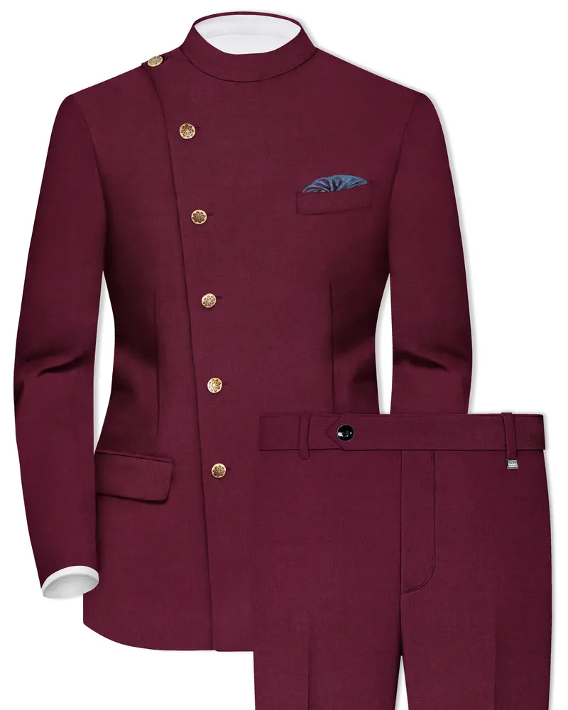 Bordeaux Maroon Cross Placket Wool Rich Bandhgala Suit 1
