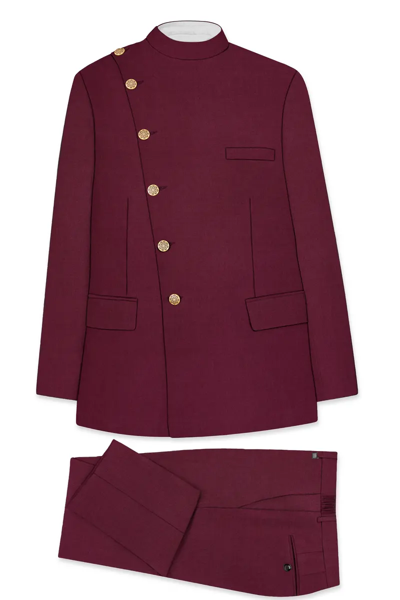 Bordeaux Maroon Cross Placket Wool Rich Bandhgala Suit 10