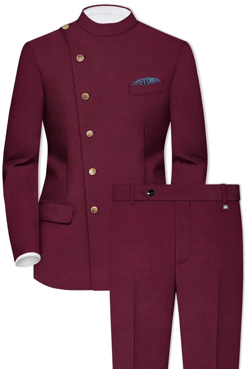 Bordeaux Maroon Cross Placket Wool Rich Bandhgala Suit 2