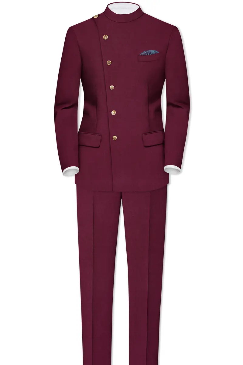 Bordeaux Maroon Cross Placket Wool Rich Bandhgala Suit 4
