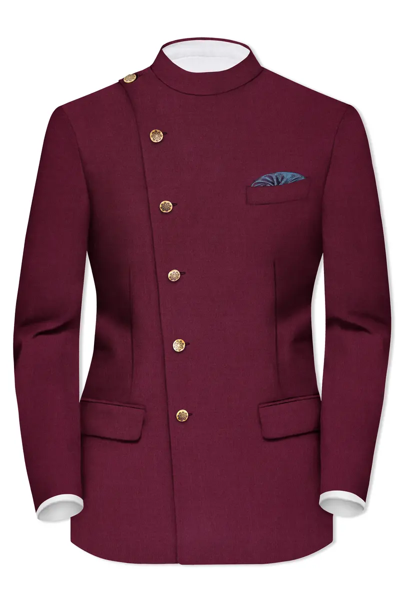 Bordeaux Maroon Cross Placket Wool Rich Bandhgala Suit 9