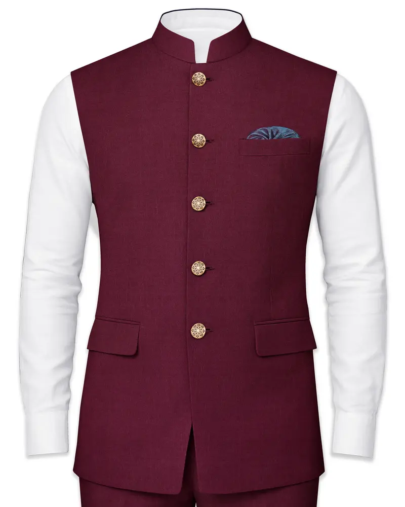 Bordeaux Maroon Wool Rich Nehru Jacket 1