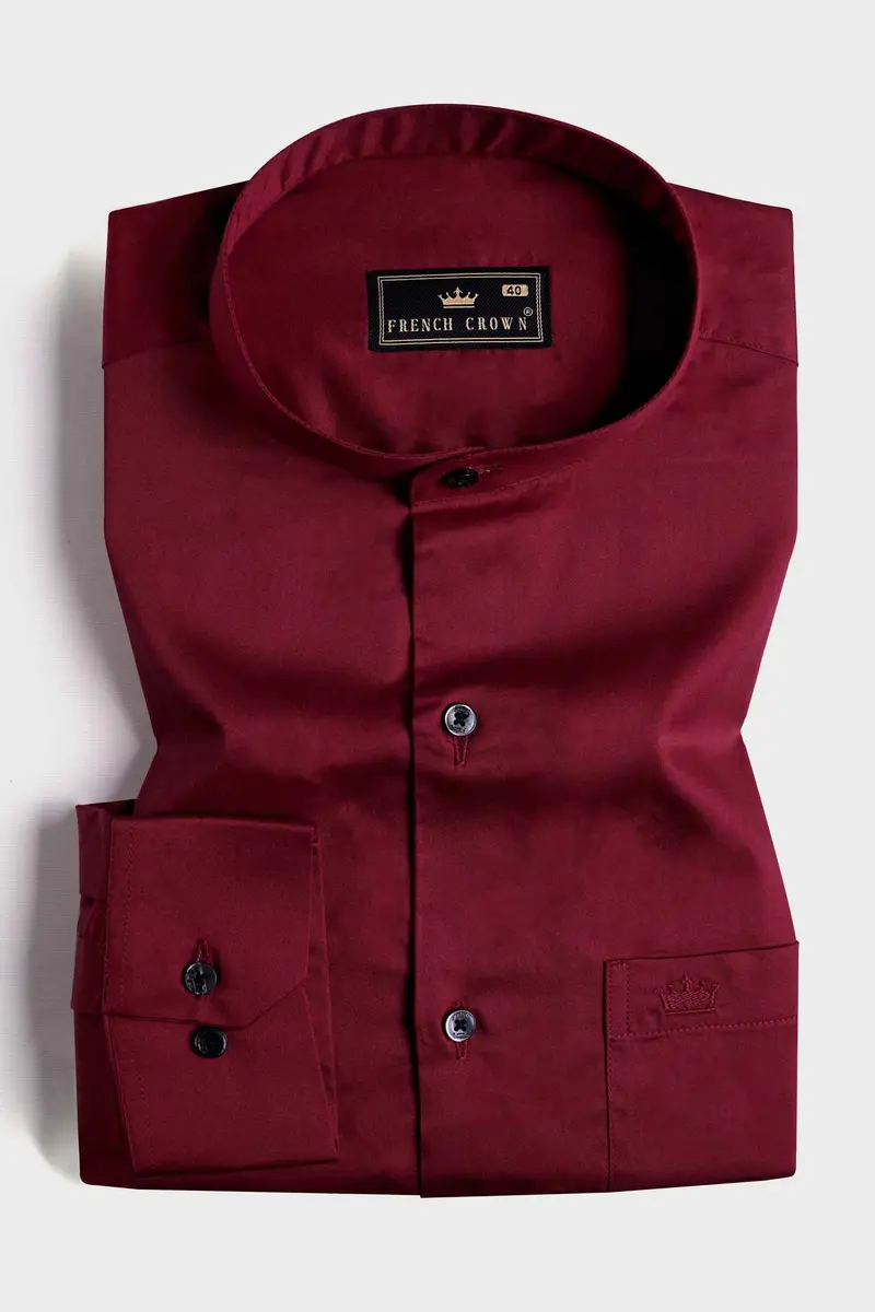 Bordeaux Red Subtle Sheen Super Soft Premium Cotton Mandarin Shirt 3