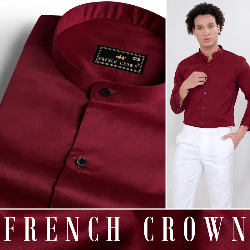 Bordeaux Red Subtle Sheen Super Soft Premium Cotton Mandarin Shirt 4