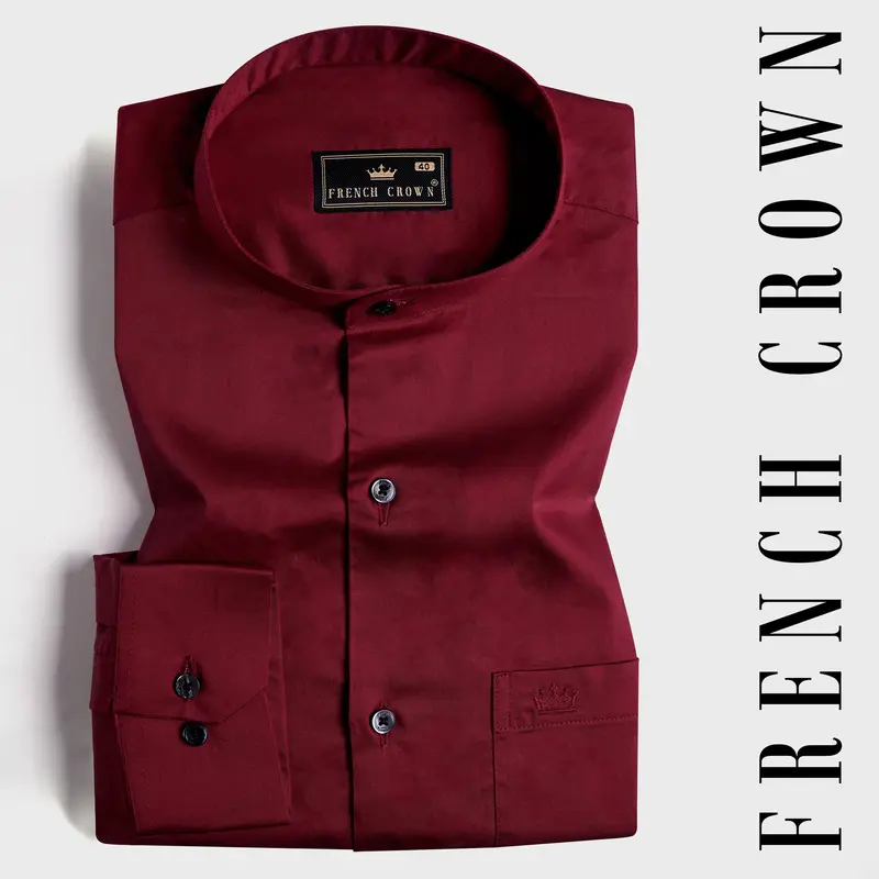 Bordeaux Red Subtle Sheen Super Soft Premium Cotton Mandarin Shirt 7