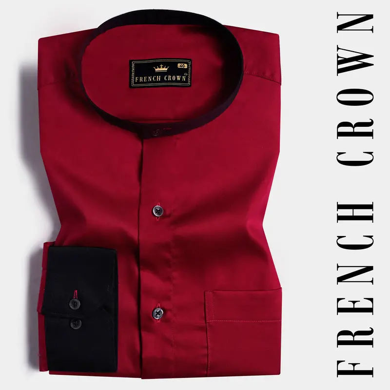 Bordeaux Red With Black Cuffs And Collar Subtle Sheen Super Soft Premium Cotton Shirt 1