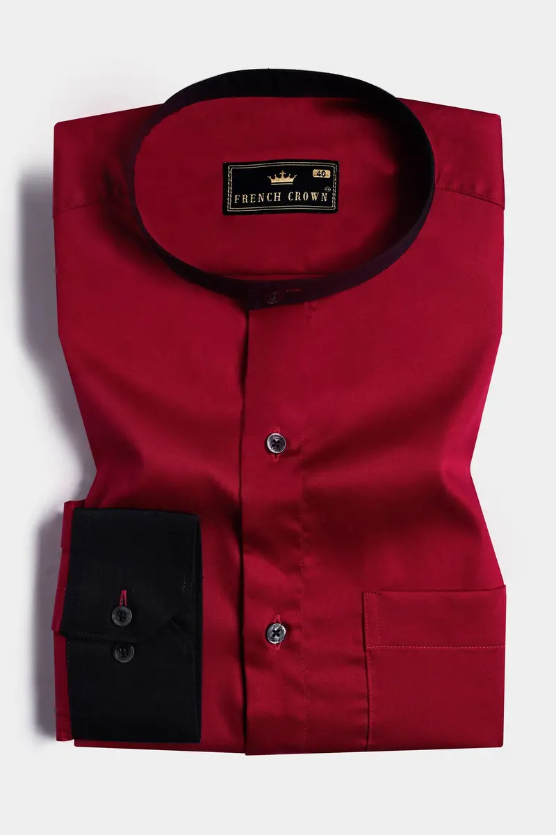 Bordeaux Red With Black Cuffs And Collar Subtle Sheen Super Soft Premium Cotton Shirt 2