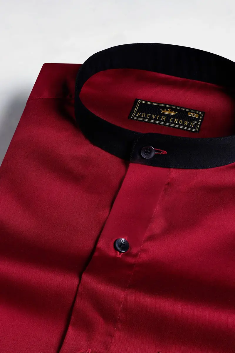 Bordeaux Red With Black Cuffs And Collar Subtle Sheen Super Soft Premium Cotton Shirt 4
